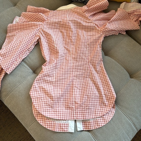 Sara Battaglia Long Sleeve Ruffle Blouse button down top new gingham pink white - Picture 8 of 9